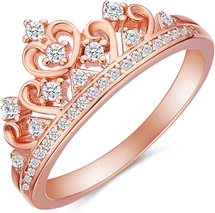 Princess Crown Ring, Round Cut Moissanite, Cubic Zirconia, Lab Grown or Natural Diamond Promise Ring for Women in 14K Gold Plated 925 Sterling Silver Jewelry Gift for Her