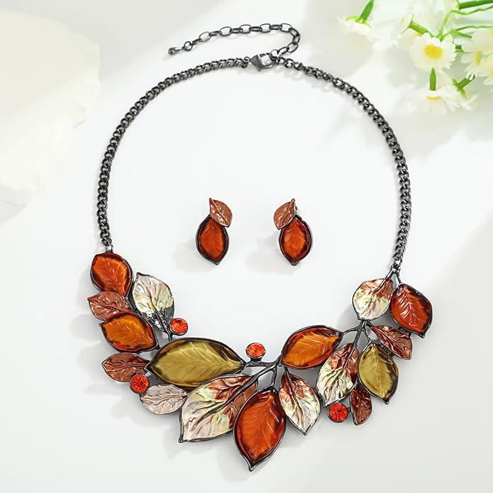Vintage Chunky Statement Jewelry Set Retro Leaf Floral Geometric Bohemian Boho Bib Necklace Earring Set Fashion Costume Jewelry for Women Girls Wedding Party Prom Unique Gift