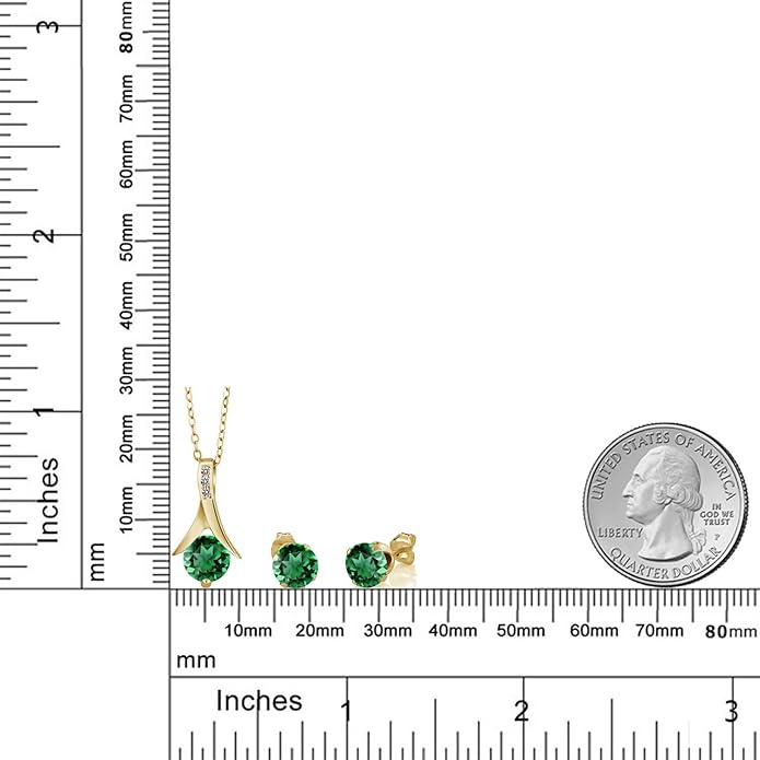 Gem Stone King 18K Yellow Gold Plated Silver Simulated Emerald and White Diamond Pendant Earrings Jewelry Set For Women | 2.36 Cttw | With 18 Inch Chain | Fine Jewelry Gifts for Her Mom Women Wife