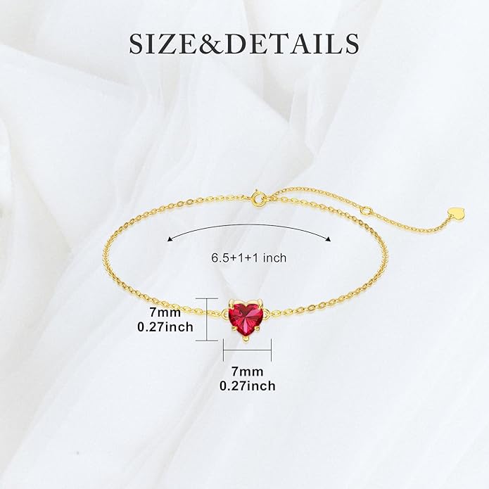 14k Gold Love Heart Gemstone Bracelet for Women,7MM Heart-cut Created Birthstone Anniversary Birthday Mother's Day Bracelets Jewelry for Mom Her 6.5''+2''