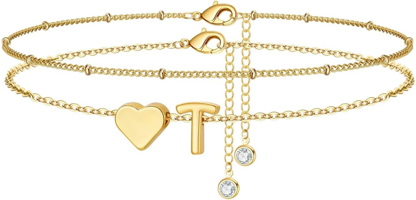 M MOOHAM Gold Initial Ankle Bracelets for Women - Layered Heart Letter A-Z Initial Dainty Gold Anklets for Women Waterproof, Womens Anklets Jewelry Birthday Gifts Jewelry