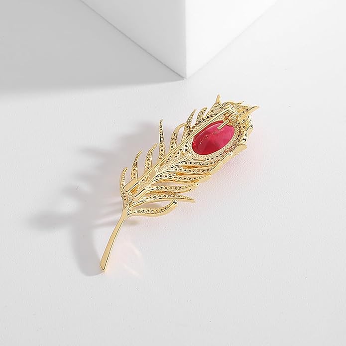 14K Gold Feather Brooch Pin with Moissanite Inlay - Elegant Coat and Suit Accessory for Women, Fashionable Business Attire Enhancement