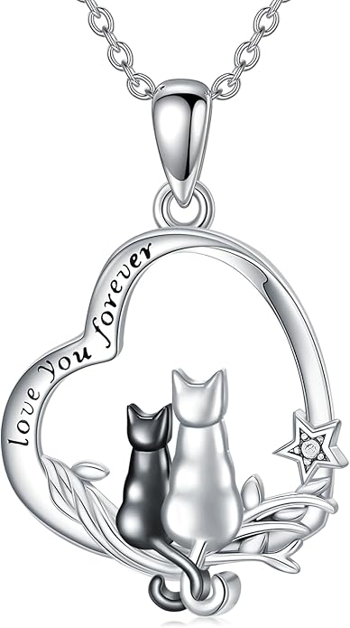 Cat Gifts for Women 925 Sterling Silver Heart Moon Cat Necklace Pendant Women Jewelry Halloween Christmas Gifts