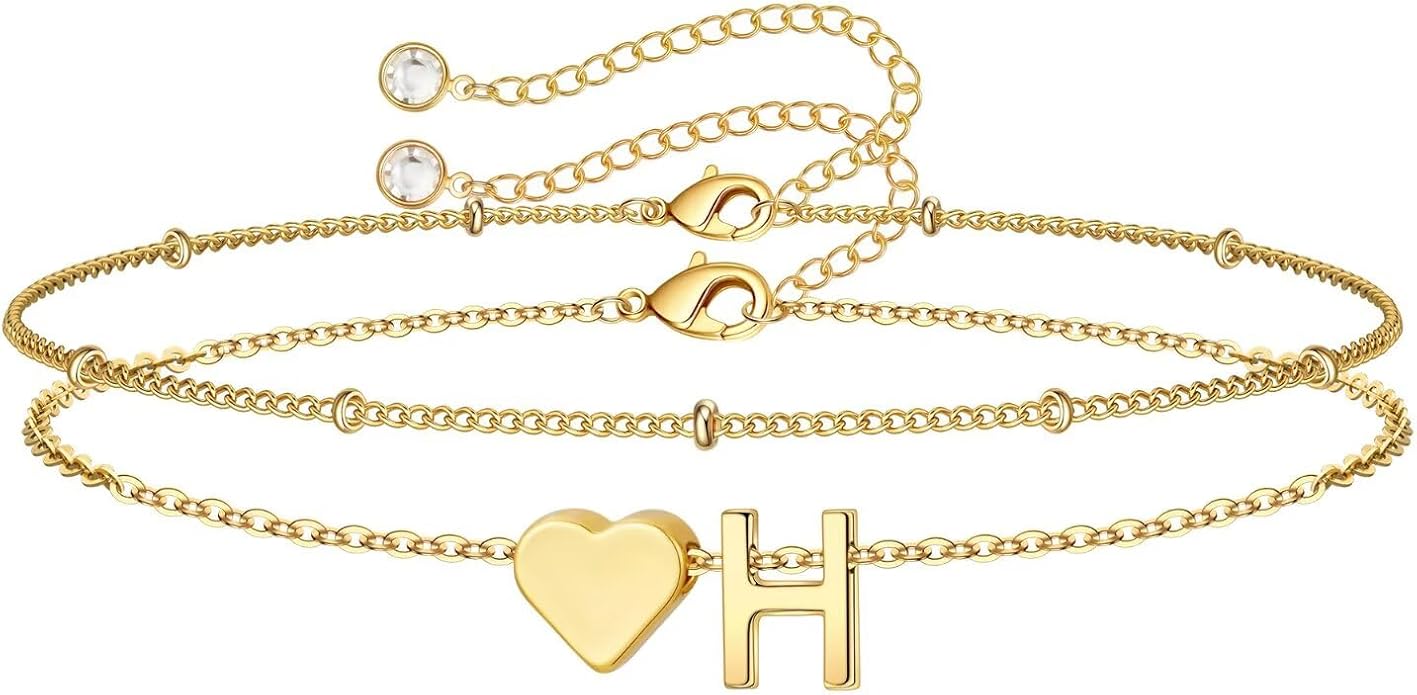 M MOOHAM Christmas Gifts for Grandkids Teens Girls -14K-Gold-Plated Heart Initial Bracelets for Women Girl Dainty Gold Bracelets Birthday Gift Stocking Stuffers for Women Teenage Girls Kids Gifts