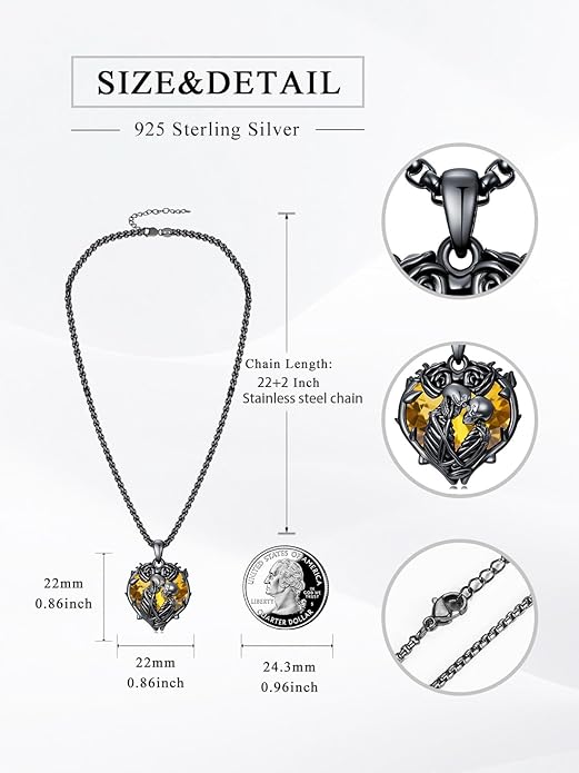 Flpruy 925 Sterling Silver Black Gothic Jewelry Gifts Skeleton Couple Pendant Crystal Birthstone Heart Necklace Punk Romantic Jewelry for Lover Men Women