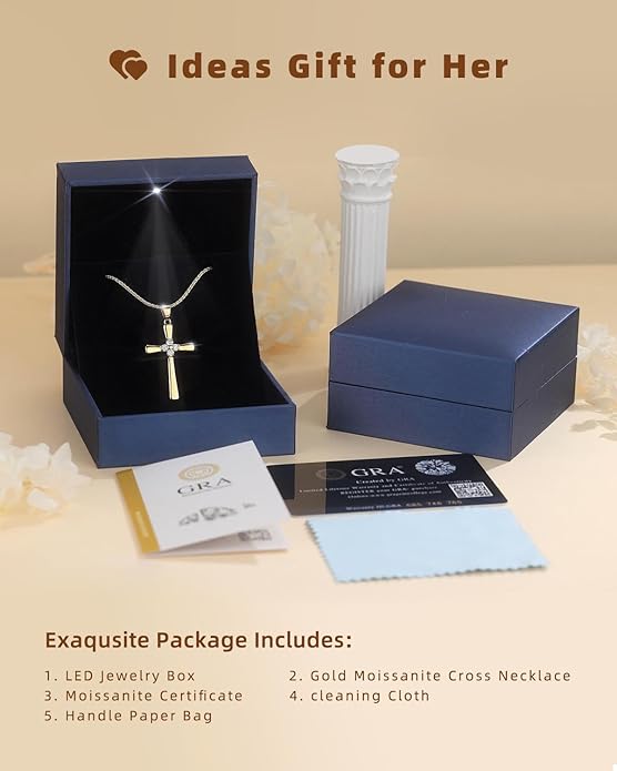 Gold Moissanite Cross Necklace for Women Wife in Light-Up Gift Box,Love Card - Women Anniversary Birthday Gifts Ideas for Wife Her Girlfriend, Christian Cross Chain Jewelry(18K Real Gold Filled)
