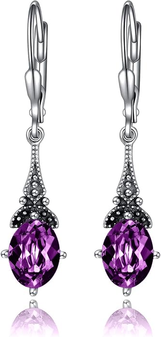 AOBOCO Vintage Earrings for Women Sterling Silver Retro Drop Dangle Leverback Earrings with 8x6mm Oval Genuine or Simulated Birthstone Crystal from Austria, Anniversary Jewelry Gifts for Her Women