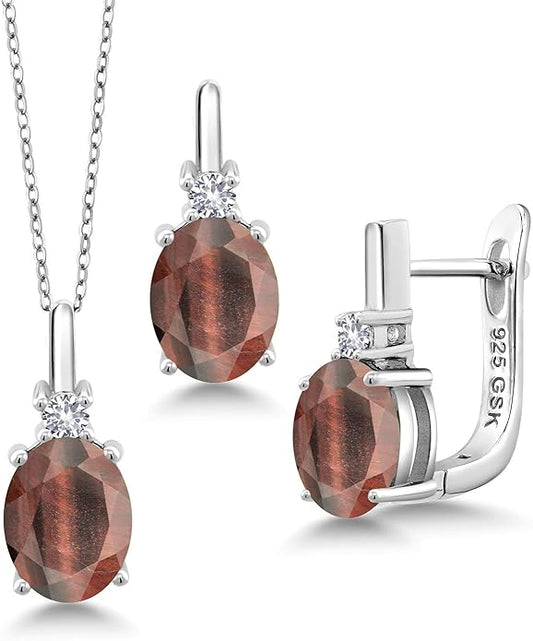 Gemstone Birthstone and White Created Sapphire Pendant and Earrings Jewelry Set for Women in 925 Sterling Silver | Oval 8X6MM and Round 2.5MM | With 18 Inch Chain | Fine Jewelry for Her Mom Women Wife