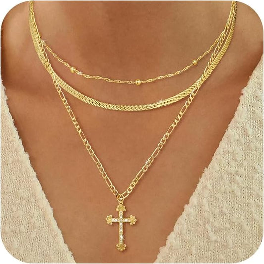 ASCOMY Gold Necklace for Women 14K Gold/Silver Plated Layered Necklaces Stackable Layering Cross Necklace Stacked Coin Pendant Pearl Herringbone Chain Stacking Gold Choker Trendy Jewelry Gift for Her