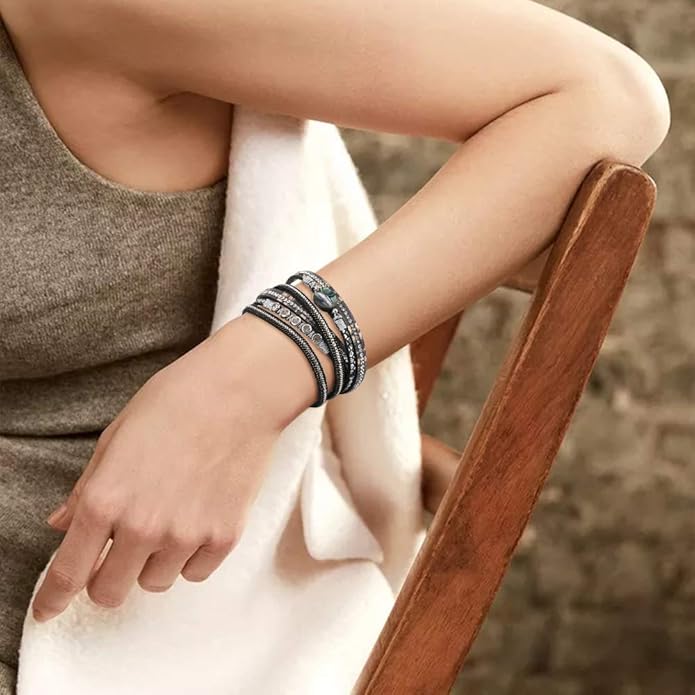 Emibele Layered Leather Bracelet, Rivet Leopard Print Bohemian Style Multilayer Wrap Bracelet, Handmade Agate Amethyst Chakra Crystal Glass Beaded Shell Bracelet for Women