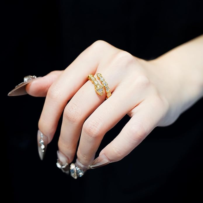 Aura & lrena Adjustable Snake Rings for Wome, 18K Gold or Platinum Plating Open-Ended Ring with AAA Cubic Zirconia Fashion Jewelry, Statement Gift Design Rings for Men and Women Non Tarnish