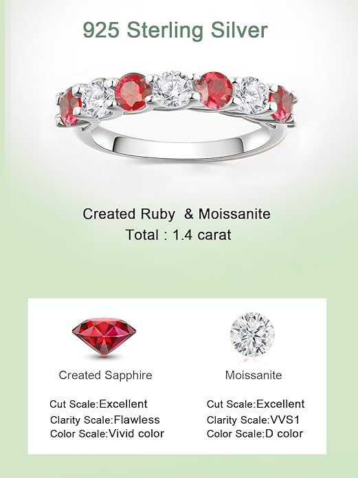 D Color VVS1 Clarity Moissanite and Sapphire/Ruby/Emerald Rings for Women, Solid 925 Sterling Silver, Anniversary Birthday Mothers Day Jewelry Gift, Stackable Wedding Ring, Size 4-11