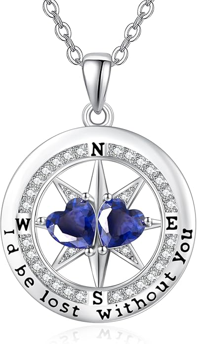 Compass Birthstones Necklace for Women, Exquisite Anniversary Birthday Gifts for Wife Her Double Birthstone Pendant jewelry ‘I'd be Lost Without You’