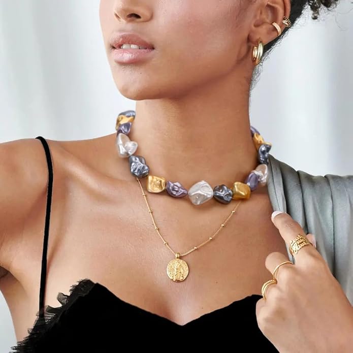 Chunky Statement Stone Beaded Necklace, Big Baroque Pearl Gold Choker, Trendy Boho Colorful Stone Jewelry