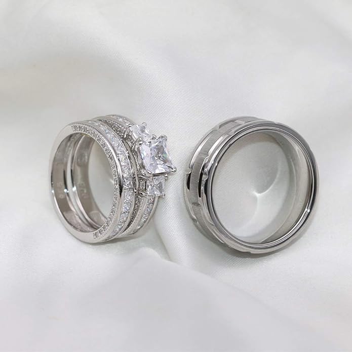 TWO RINGS Wedding Ring Sets His And Hers Promise Ring Couples Bridal Sets Women 925 Sterling Silver square Cz Man Stainless Steel Brushed Finished Wedding Bands