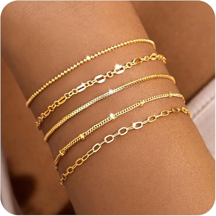 Gold Bracelets for Women Trendy,14K Gold Plated Dainty Stackable Paperclip Cuban Link Chain Bracelets, Simple Cute Cuff Bracelets Jewelry Set Adjustable 7"+2"