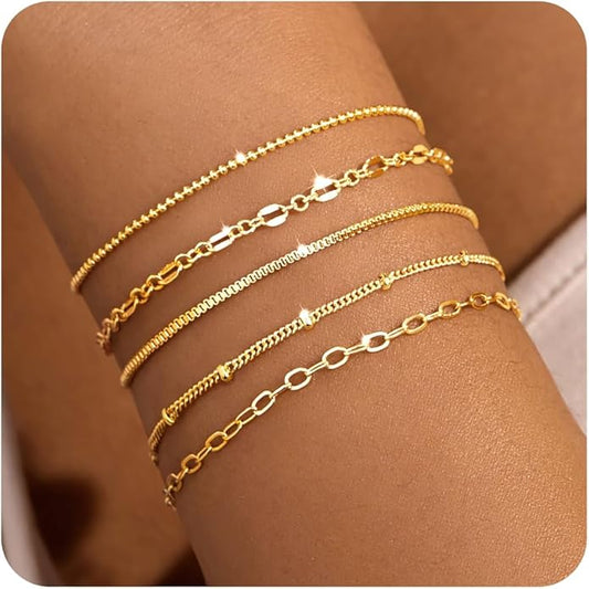 Gold Bracelets for Women Trendy,14K Gold Plated Dainty Stackable Paperclip Cuban Link Chain Bracelets, Simple Cute Cuff Bracelets Jewelry Set Adjustable 7"+2"