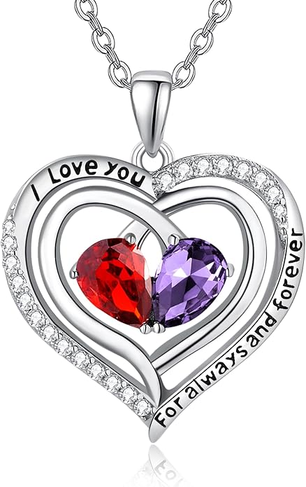 Zeuslia Double Birthstone Necklace Gifts for Wife - 925 Sterling Silver Sunflower/Rose/Crown Cross/Compass/Heart Pendant I Love You Necklace, Anniversary Birthday Gifts for Wife Girlfriend Mom Her