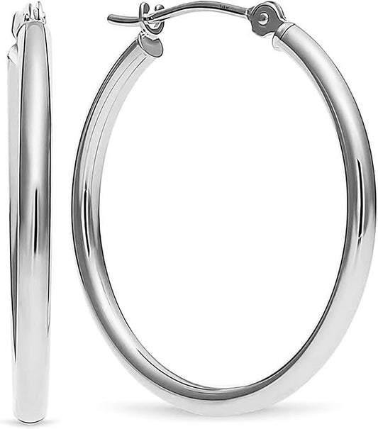 14k White Gold Polished Real Gold Hoop Earrings, Plain Round Gold Hoops, White Gold Hoop Earrings
