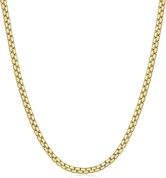 Fiusem Flat Box Chains for Men, 14k Gold Plated Stainless Steel Chain Necklace, 2.5/3/4/4.5/5mm Necklaces for Men and Women 16-28 Inch