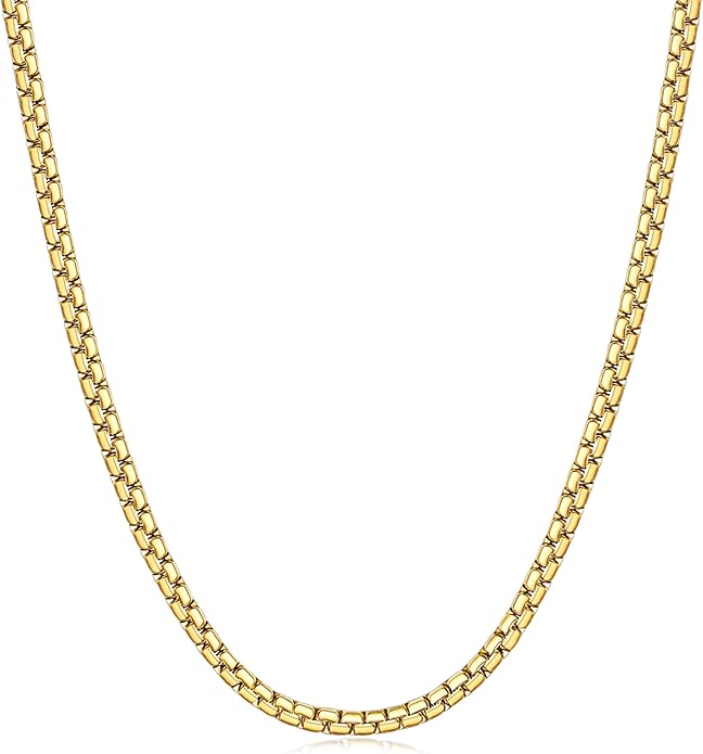 Fiusem Flat Box Chains for Men, 14k Gold Plated Stainless Steel Chain Necklace, 2.5/3/4/4.5/5mm Necklaces for Men and Women 16-28 Inch