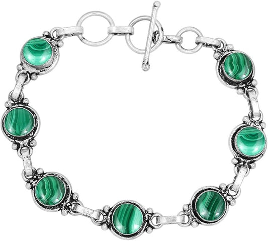 Round Shape Natural & Synthetic Gemstones Silver Plated Bracelets for Women - Vintage Bohemian Style Handmade Birthstone Adjustable Link Bracelet Jewelry Gifts for Wedding Anniversary Mother's Day