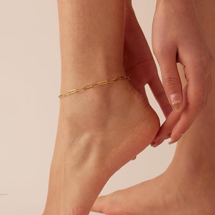 Ankle Bracelets for Women Dainty 18K Gold Plated Anklet Waterproof Round Beaded Paperclip Herringbone Pearl Chain Anklets Waterproof Beach Foot Jewelry
