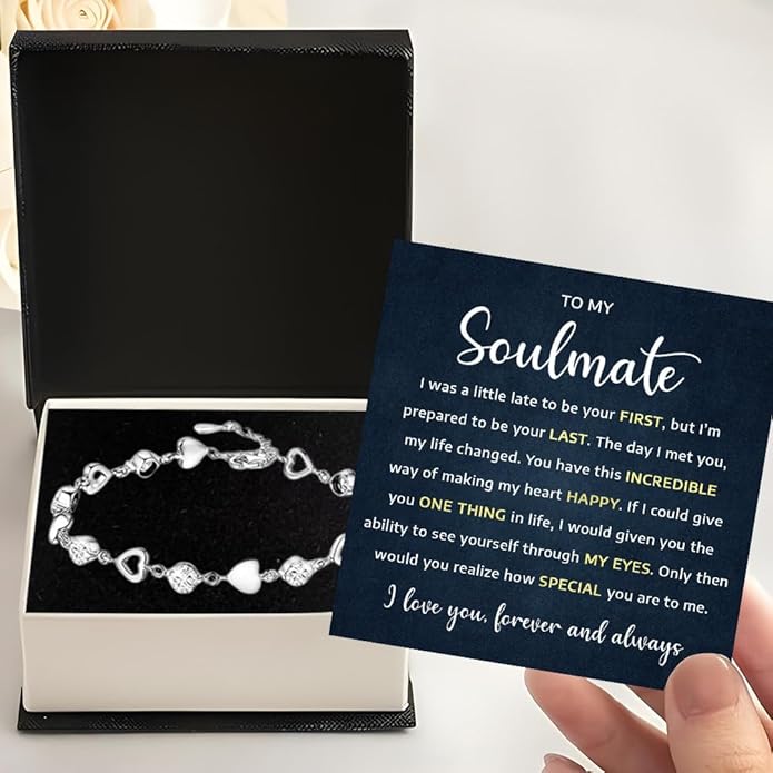 To My Soulmate Heart Bracelet Gift, Beautiful Soulmate Jewelry With Message Card and Box For Women, Romantic Anniversary, Birthday, Christmas or Valentine’s Day Gift