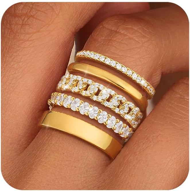 Stackable Gold Rings for Women Non Tarnish Wedding 14K Gold Plated Stacking Cubic Zirconia Thumb Ring Set Stack Engagement Eternity Dainty Bands Pinky Statement Promise Gold Jewelry Size 6-10