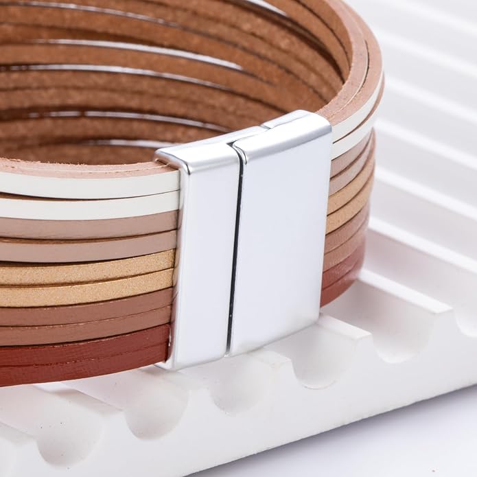 FANCY SHINY Boho Leather Wrap Bracelet Stackable Layered Bangle Cuff with Magnetic Clasp