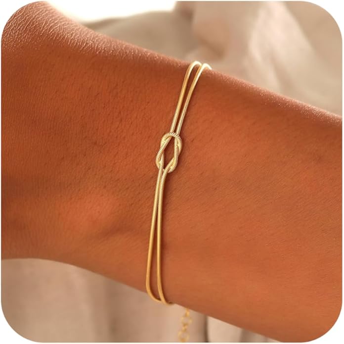 Matching Bracelets for Couples，Dainty Gold Love Knot Bracelet 14K Gold Plated Herringbone Chain Bracelet Relationship Jewelry Gifts for Best Friend