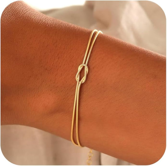 Matching Bracelets for Couples，Dainty Gold Love Knot Bracelet 14K Gold Plated Herringbone Chain Bracelet Relationship Jewelry Gifts for Best Friend