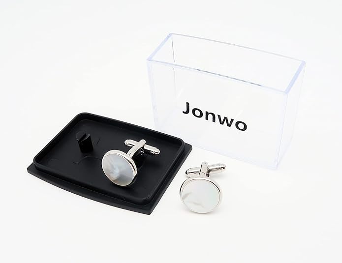 Jonwo Silver Mother of Pearl Cufflinks in Gift Box Round Cuff Links for Business Wedding Anniversary Dress