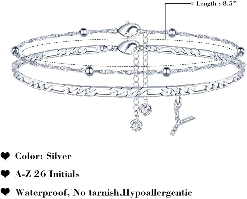 Ursteel Ankle Bracelets for Women, 14K Gold Plated Dainty Layered Chain CZ Initial Anklets Summer Jewelry Gifts for Women
