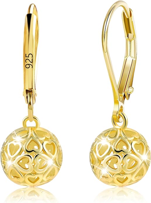 925 Sterling Silver 14K Gold French Style Leverback Earrings, Heart Dangle Drop Earrings for Women Hypoallergenic Jewelry