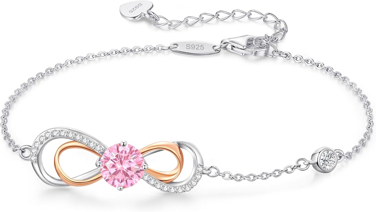 LOUISA SECRET Rose Gold Infinity Heart Bracelet for Women, Adjustable Chain 925 Sterling Silver Link Birthstone Bracelets, Best Anniversary Birthday Jewelry Gifts for Women Mom Wife Her