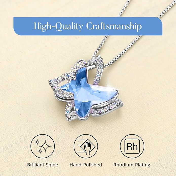 Gift Butterfly Birthstone Crystal Necklace, Silver Tone with 18”+2” Chain, Necklace for Mother’s Day Anniversary Birthday Gifts for Women and Daughter