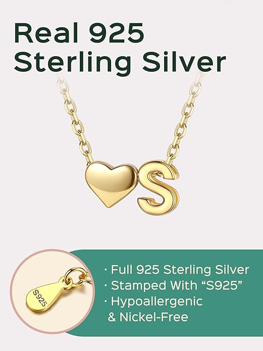 ChicSilver 925 Sterling Silver Heart Initial Necklaces for Women -Dainty Personalized Heart Pendant Letter Alphabet Necklace for Women