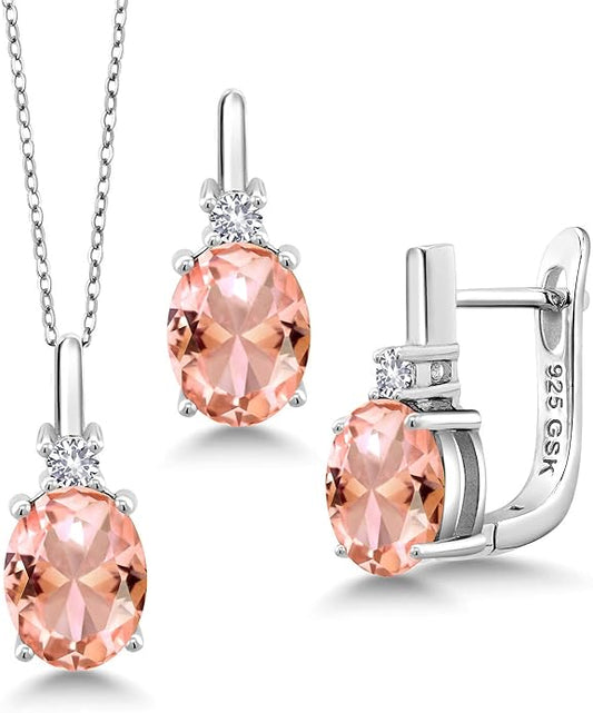 Gemstone Birthstone and White Created Sapphire Pendant and Earrings Jewelry Set for Women in 925 Sterling Silver | Oval 8X6MM and Round 2.5MM | With 18 Inch Chain | Fine Jewelry for Her Mom Women Wife