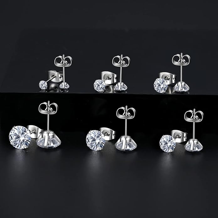 6 Pairs Stud Earrings Set, Hypoallergenic Cubic Zirconia Earrings 316L Stainless Steel CZ Earrings 3-8mm