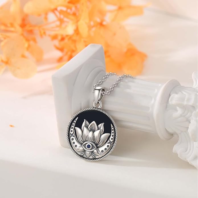 Evil Eye Necklace for Women 925 Sterling Silver, Protection Necklace with Blue Evil Eye Charm, Evil Eye/Lotus Pendant Jewelry, Birthday Christmas Gifts for Her