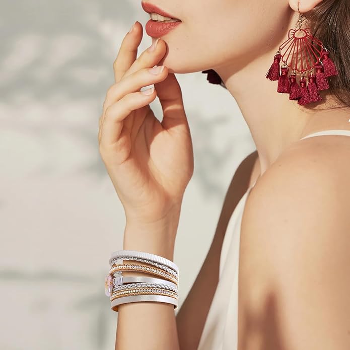 ENGCKSHI Wrapped Bracelets for Women,Leather Bracelet,Boho Bracelets for Women,Multi-Layer Pearl Crystal Bracelet Bangle Jewelry