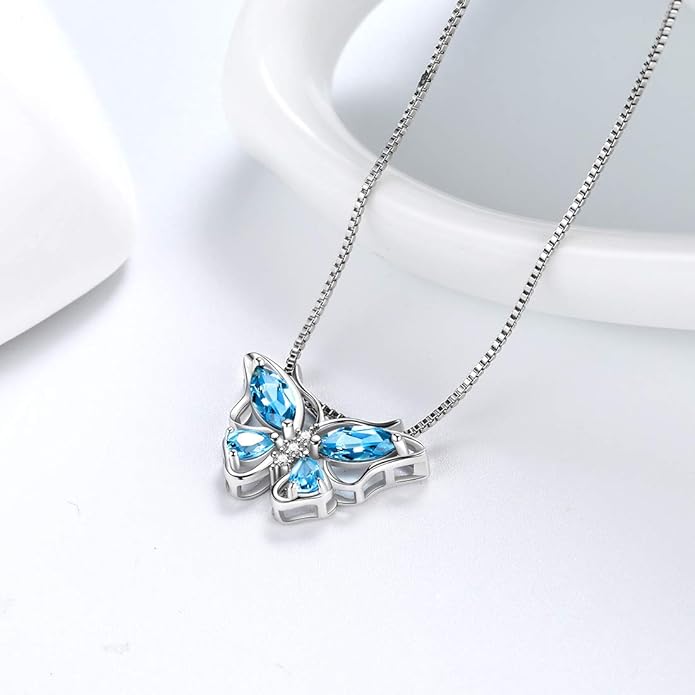 Aurora Tears Butterfly Birthstone Pendant Necklace - Women 925 Sterling Silver Butterflies Birthstone Pendant Necklace Jewelry Birthday Gift for Women
