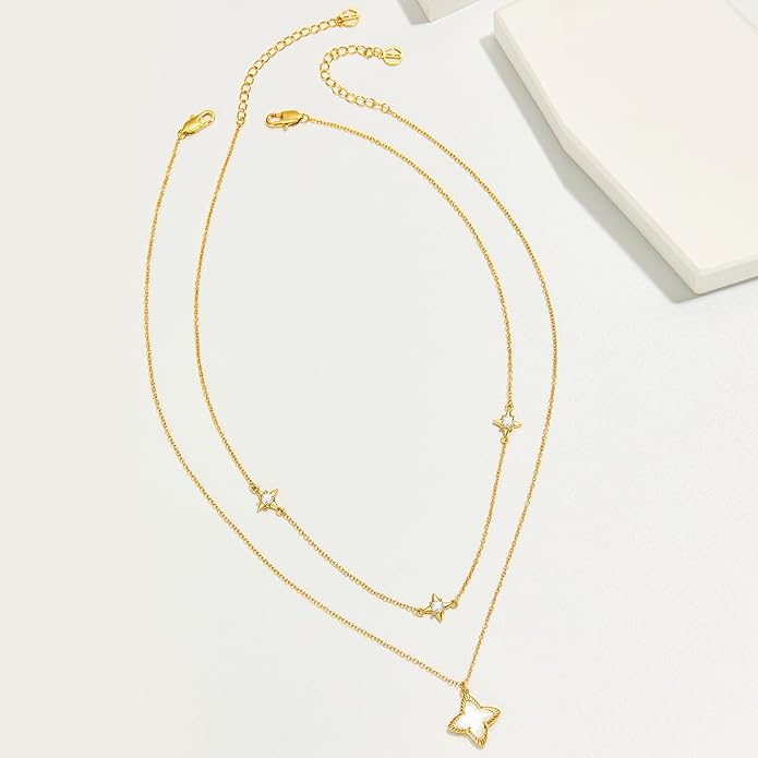 Cicy Bell Womens Four Point Star Necklace Sets Double Layer Chain 18k Gold Plated Cubic Zirconia Mother of Pearl Lucky Pendant Necklace