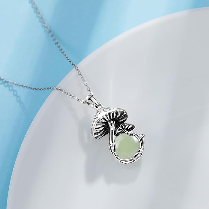 YAFEINI Mushroom Necklace Moonstone/Moss Agate/Malachite/Labradorite/Turquoise/Amber/Larimar/Black Onyx/Lapis Lazuli/Peridot/Opal Sterling Silver Mushroom Pendant Mother's Day Jewelry for Women Mom
