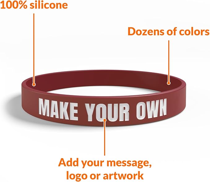Custom Wristbands For Events, Fundraisers & Promotions | Add Text, Icons, & Logos | Bulk Rubber Bracelets | Classic 1/2” | 100% Silicone