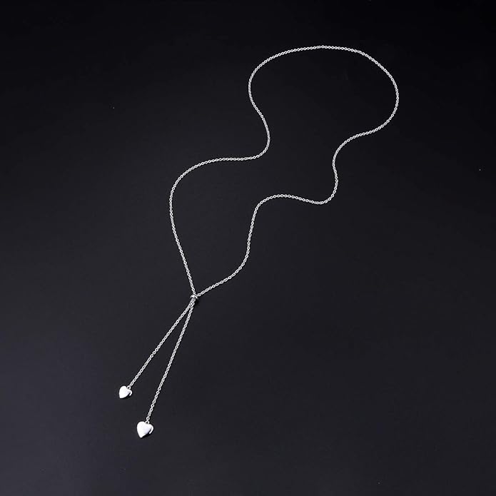 FLYOW Long Chain Dainty Lariat Necklace Simple Style 925 Sterling Silver Heart Pendant Adjustable Y Shaped Necklace Jewelry