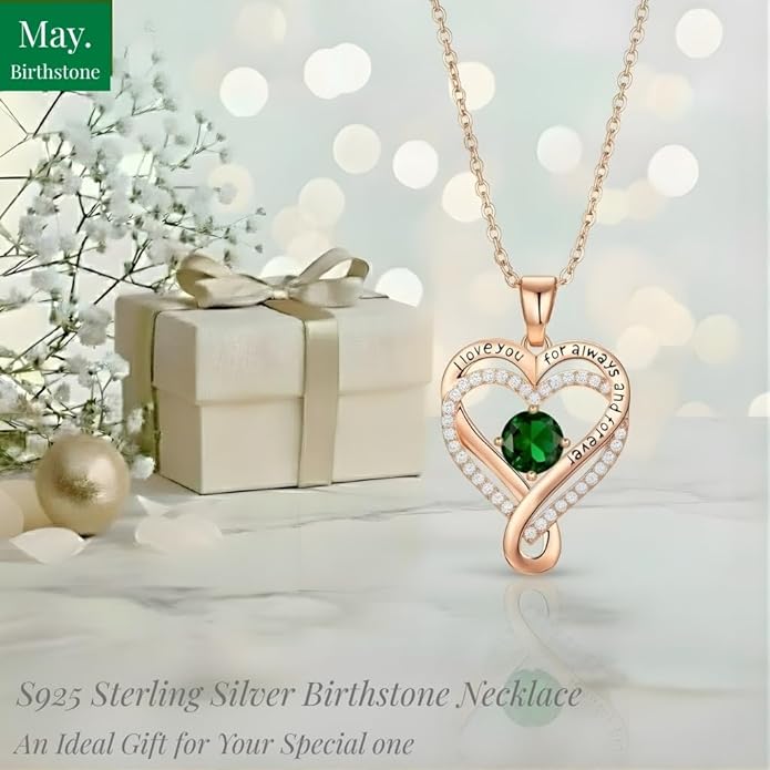 Birthstone Infinity Heart Necklace for Women Wife Girlfriend Mom Daughter Gifts S925 Silver Jewelry For Anniversary Rose Gold Gifts For Birthday Christmas Mothers Valentines Day