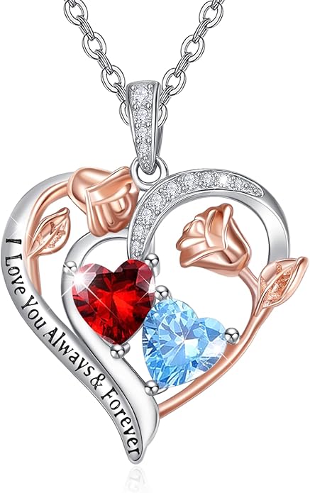 Zeuslia Double Birthstone Necklace Gifts for Wife - 925 Sterling Silver Sunflower/Rose/Crown Cross/Compass/Heart Pendant I Love You Necklace, Anniversary Birthday Gifts for Wife Girlfriend Mom Her