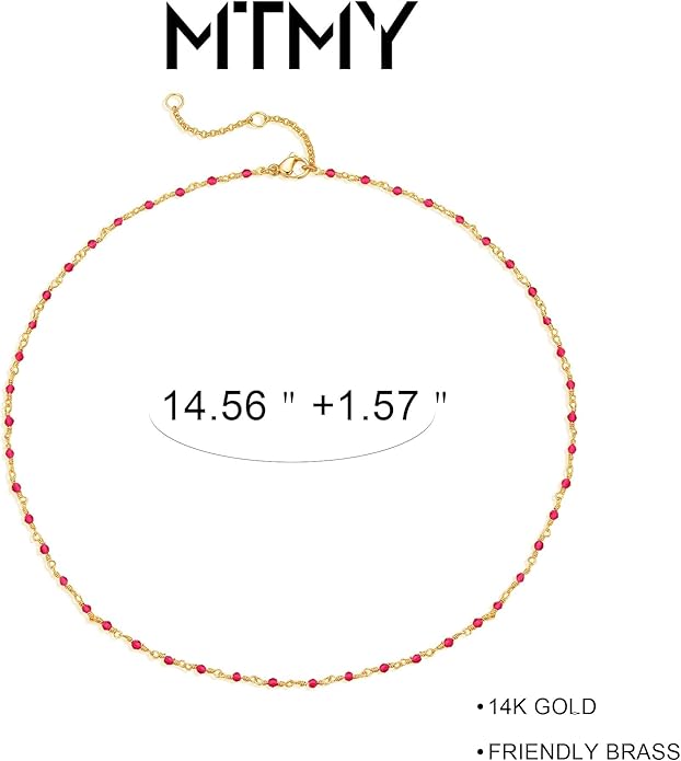 MTMY Beaded Necklaces for Women 14K Gold Plated Dainty Colorful Green/Rose Beaded Pearl Choker Necklace Delicate Boho Choker Necklace Jewelry Gift